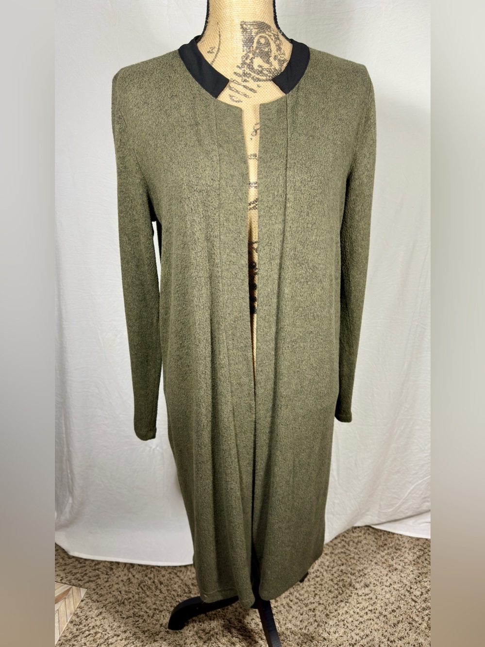 Olive & Oak Longline Duster Cardigan Olive Green Black Trum Size L Soft Knit
